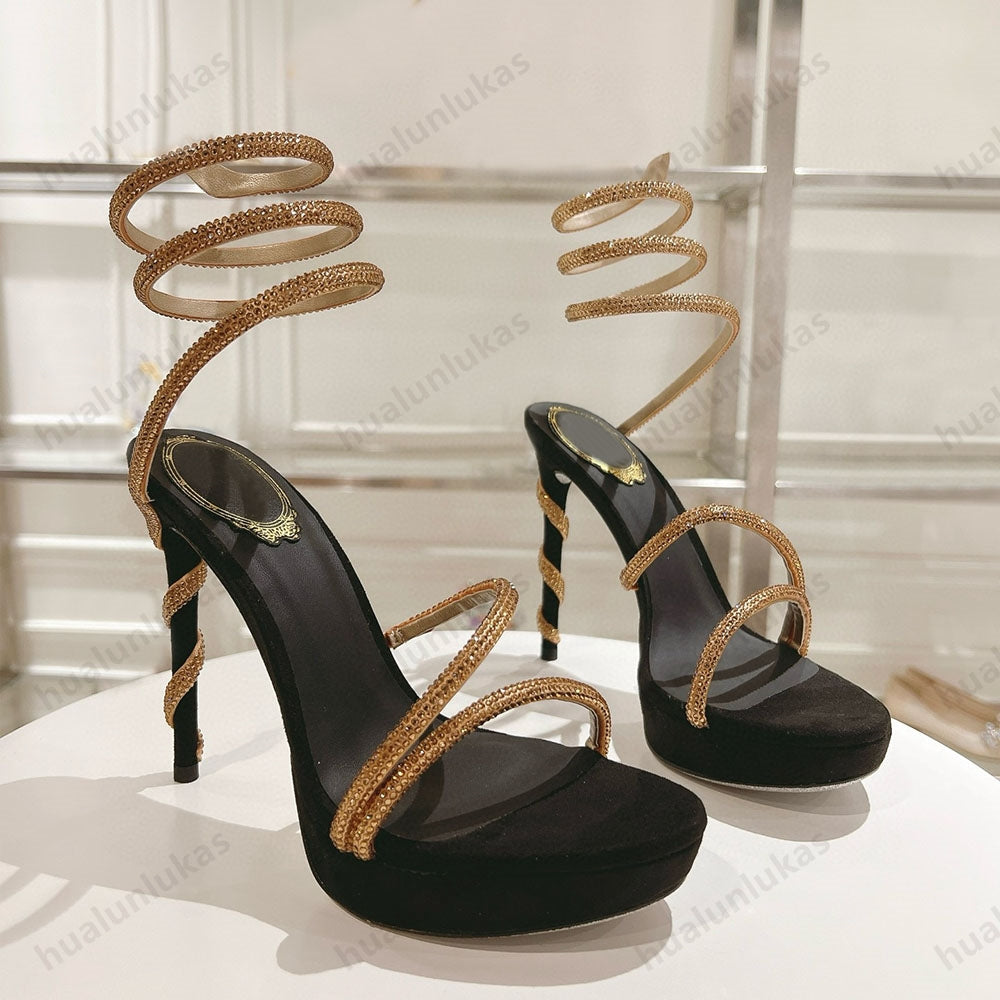 rhinestone Wraparound embellished Platform sandals Strass stiletto Heel Evening shoes for women heeled Luxury Designer Ankle Strap sandals 35-42