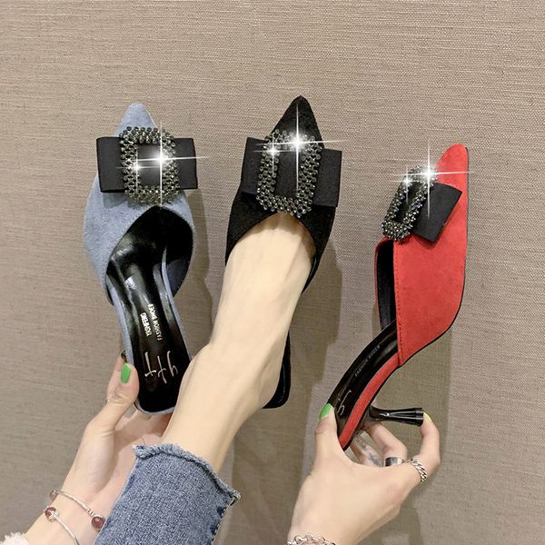 Metal Buckle Flipflops Shoes Ladies Summer Bow Slippers Women Thin High Heels Mules Bowknot Slides Slippers Beach Wedges Sandals