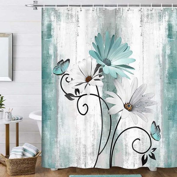 Country farmhouse shower curtain farm rustic wooden bathro shower curtain turquoise blue with 12T250122
