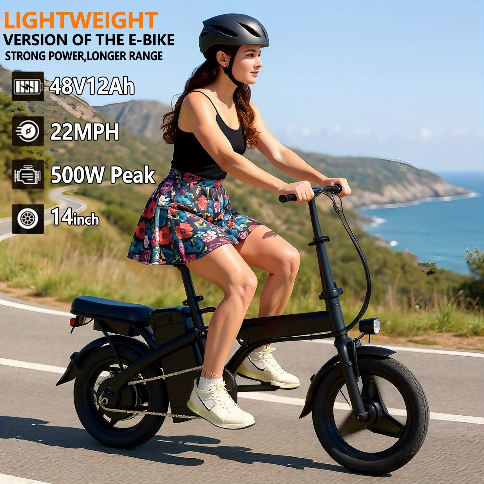 TEMU 500w Lightweight Folding Electric Bike For Adults, 14-inch Tires, 20mph 20-mile Range Commuter E-bike With 48v 12ah Removable Battery, Front
