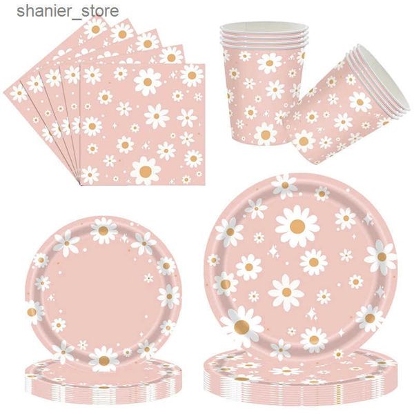 Disposable Dinnerware 24pcs 7-9inch Pink Daisy Disposable Party Plates Baby Shower Disposable Plates Cups Daisy Napkins Birthday Party Acces