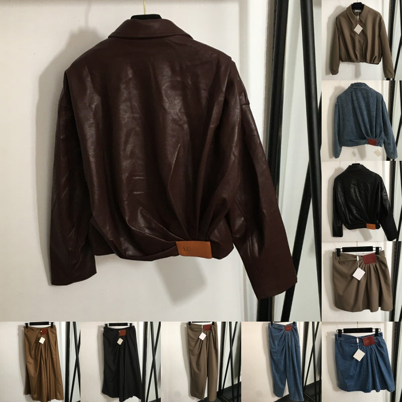Designer Cropped Zipper Jacket Women Luxury Leather Patchwork Skirts Long Sleeve Lapel Suit Jackets Workwear Birthday Party Elegant Trousers
