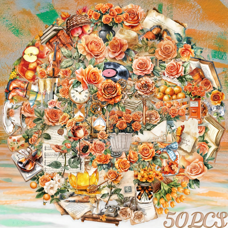 TEMU 50pcs Ywwbld Vintage Orange Pet Stickers - Retro Floral, Clocks, Books & Fruit Collage Art - High-quality Removable Decals For Laptop, Phone,