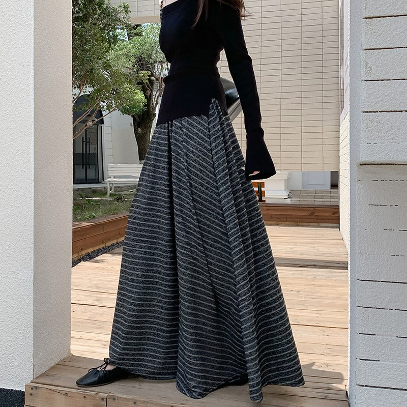 korean highend knitted striped skirt womens autumn 2025 new retro lazy style ashaped big swing dress