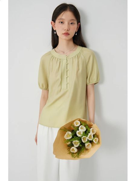 ZIQIAO Women Summer Blue Short Sleeve Shirts Round Neck Raglan Single Breasted Female Thin Loose Blouses Top 24ZQ92491 240723