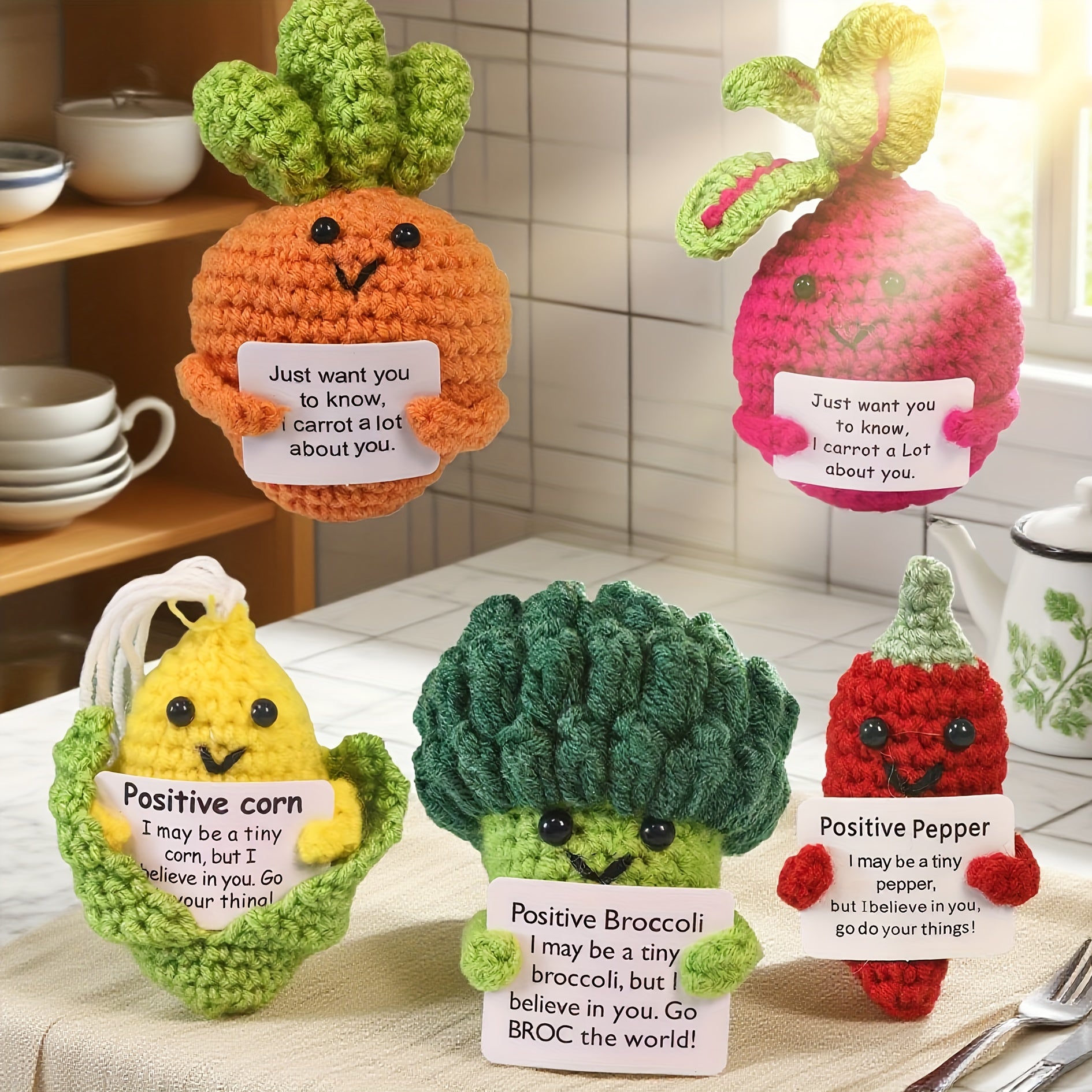 TEMU 5 Hand-woven Dolls, Corn Broccoli Pepper Vegetable Combination With Positive Energy Information Cards, The For , Family, , And Graduation Gifts