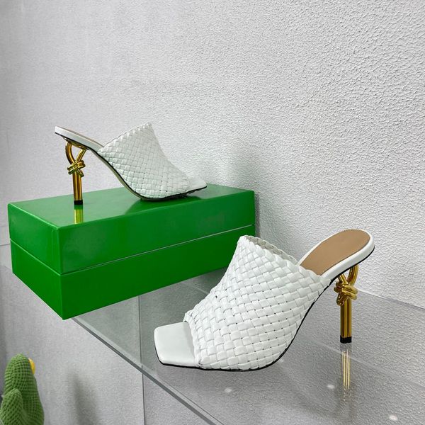 Gold Mules Knot electroplated Heels Sandals Famous Designer Women High Quality leather Dress shoe Round toes High heeled Wedding Party Eveni