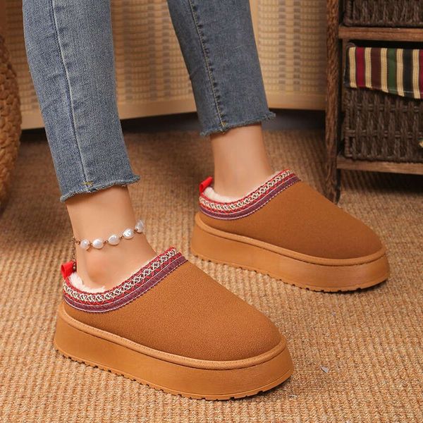 New Women Warm Suede Snow Boots Autumn Winter Woman Slip on Platform Boats Round Head Hair Half Slipper Female Cotton Shoes jtye zsxds