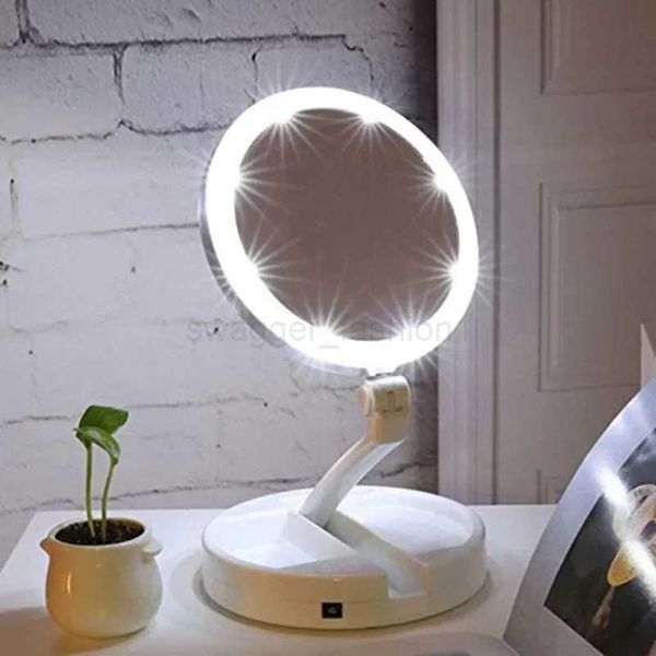 Makeup Mirror With Light White LED Folding Portable Rotating 10x Magnifying Double Side Storage Tabletop Batteries USB ChargingXJ240813