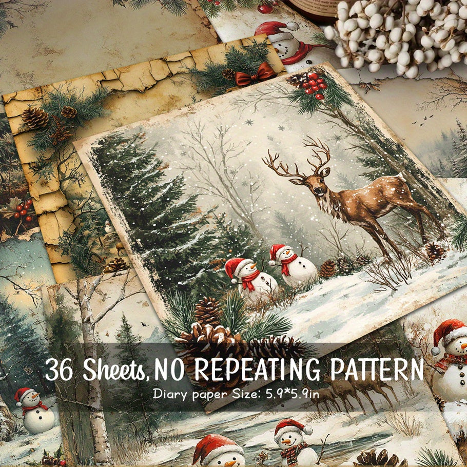 TEMU 36 Sheets Vintage Christmas Paper - Non-repeating Patterns (, Deer, Pine Trees) - Winter For Scrapbooking, Card Making, Journal Decoration -