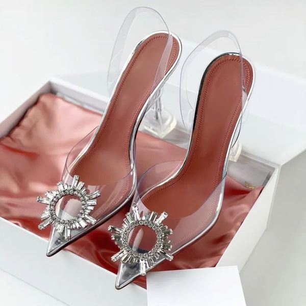 Designer Crystal-Embellished PVC Pumps shoes spool stiletto Heels sandals women&#039;s Luxury Designers Dress shoe Evening Slingback strap f