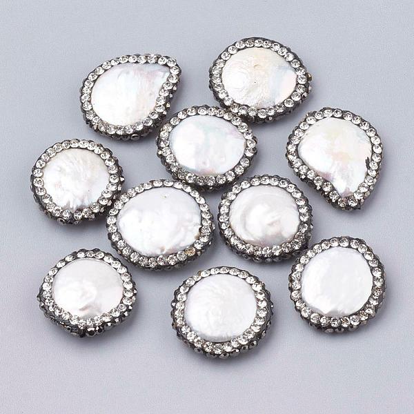 Flat Round Polymer Clay Rhinestone Natural Freshwater Shell Beads
