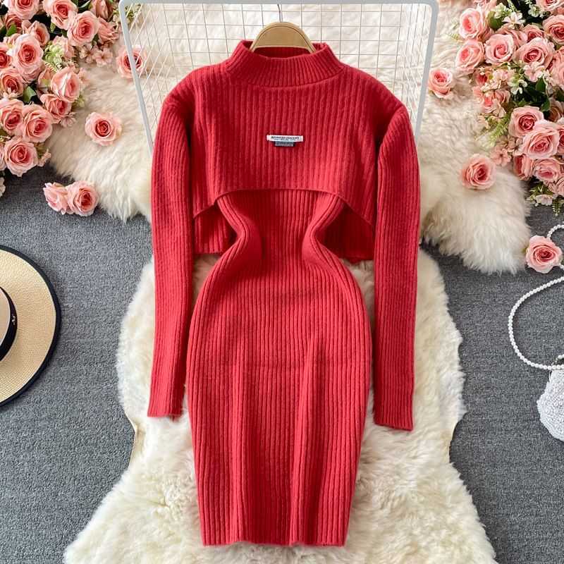 Autumn and Winter Korean Stand Collar Short Sweater Top Slim Elastic Vest Skirt Knitted Hip Wrap Dress Two-piece Women&#039;s Set
