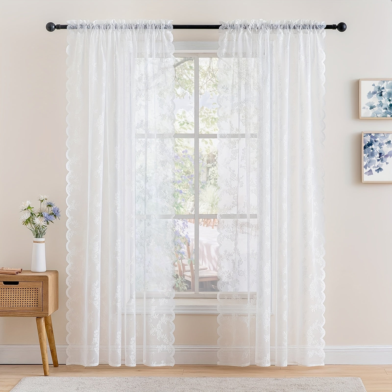 TEMU Romantic Lace Sheer Curtain For Balcony And Office, Translucent Window Drapery With Floral Pattern, Machine Washable Polyester, Rod - 1pc