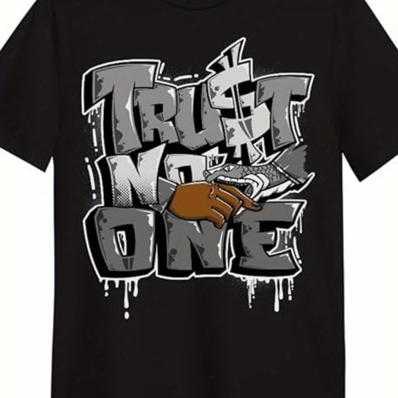 TEMU Men's Trendy Black Cotton T-shirt With " No One" Graffiti Print – Edgy Snake & Finger Design, Round Neck, Short Sleeve, Casual Streetwear Or