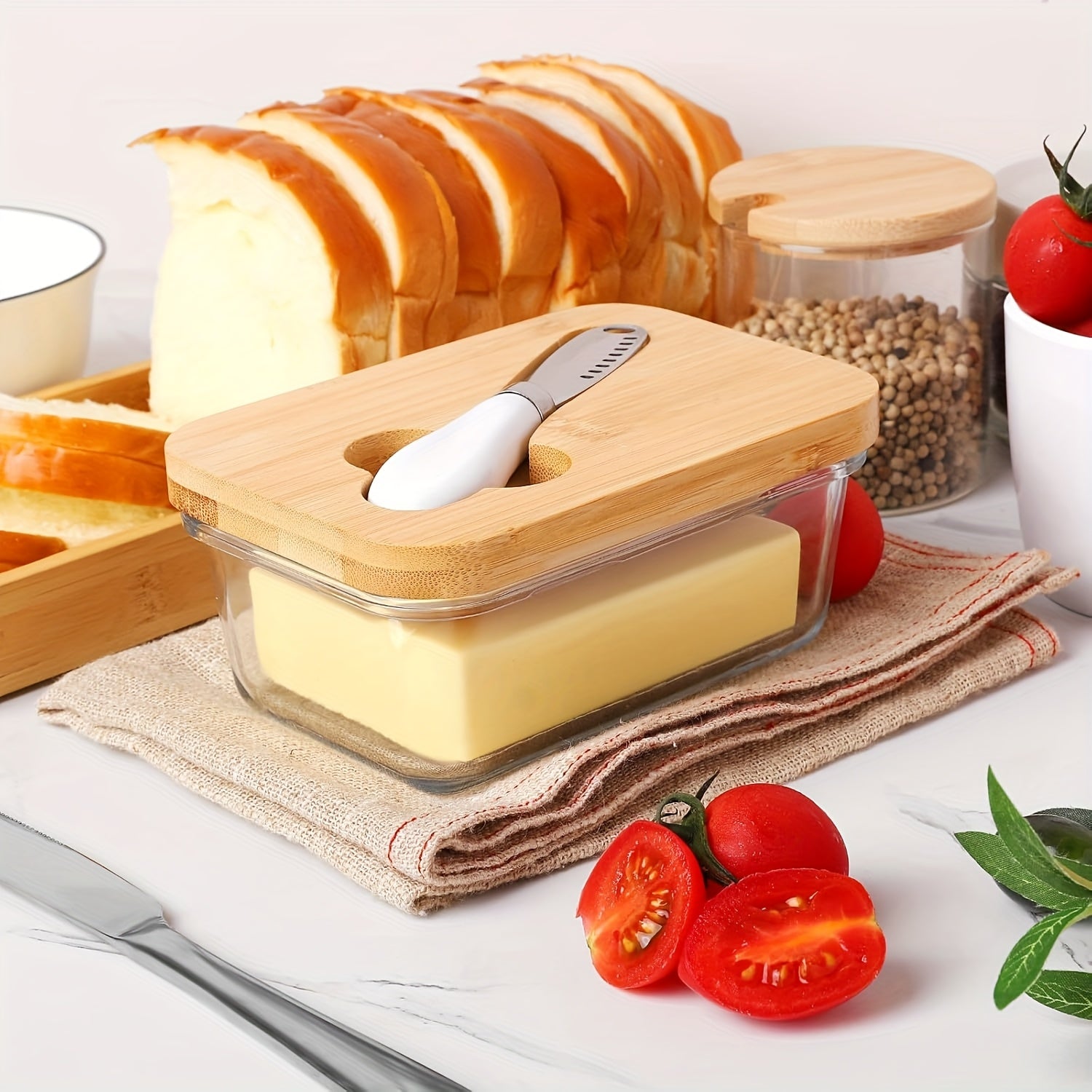 TEMU Glass Butter Dish With Bamboo Lid And Knife, Airtight Seal For Freshness, Large Butter Dish For Butter, Ideal For Countertop And Refrigerator