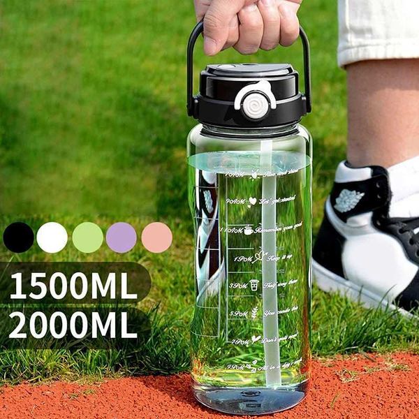 1.5-2Liter Sport Straw Water Bott With Time Sca Plastic Summer Cold Juice Water Cup Large acity Portab Travel BottsXJ241123