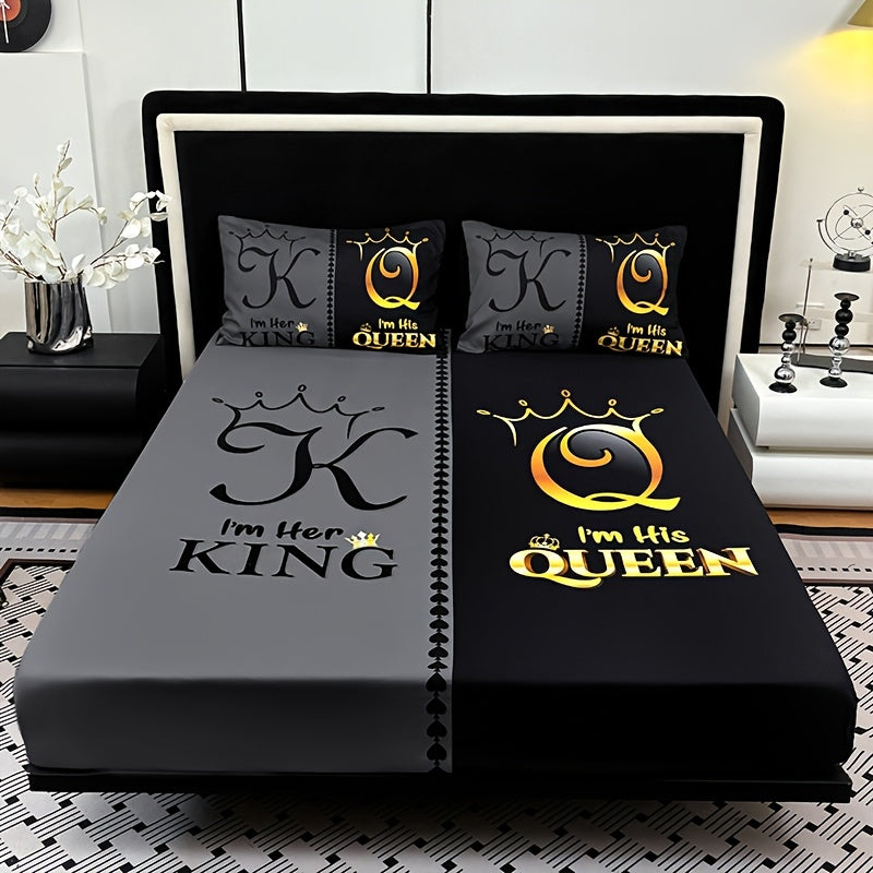 TEMU 3pcs Super Soft Breathable Black Grey Color Blocking Crown Letter Bed Sheet (1pc Bed Sheet+2pcs Pillowcase No Filling), Deep Pocket In 15 Inch