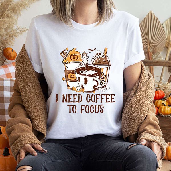 I Need Coffee To Focus Cartoon Print Funny T-shirts for Women New Halloween O-Neck Fashion Trendy Style Women&#039;s Summer T-Shirt