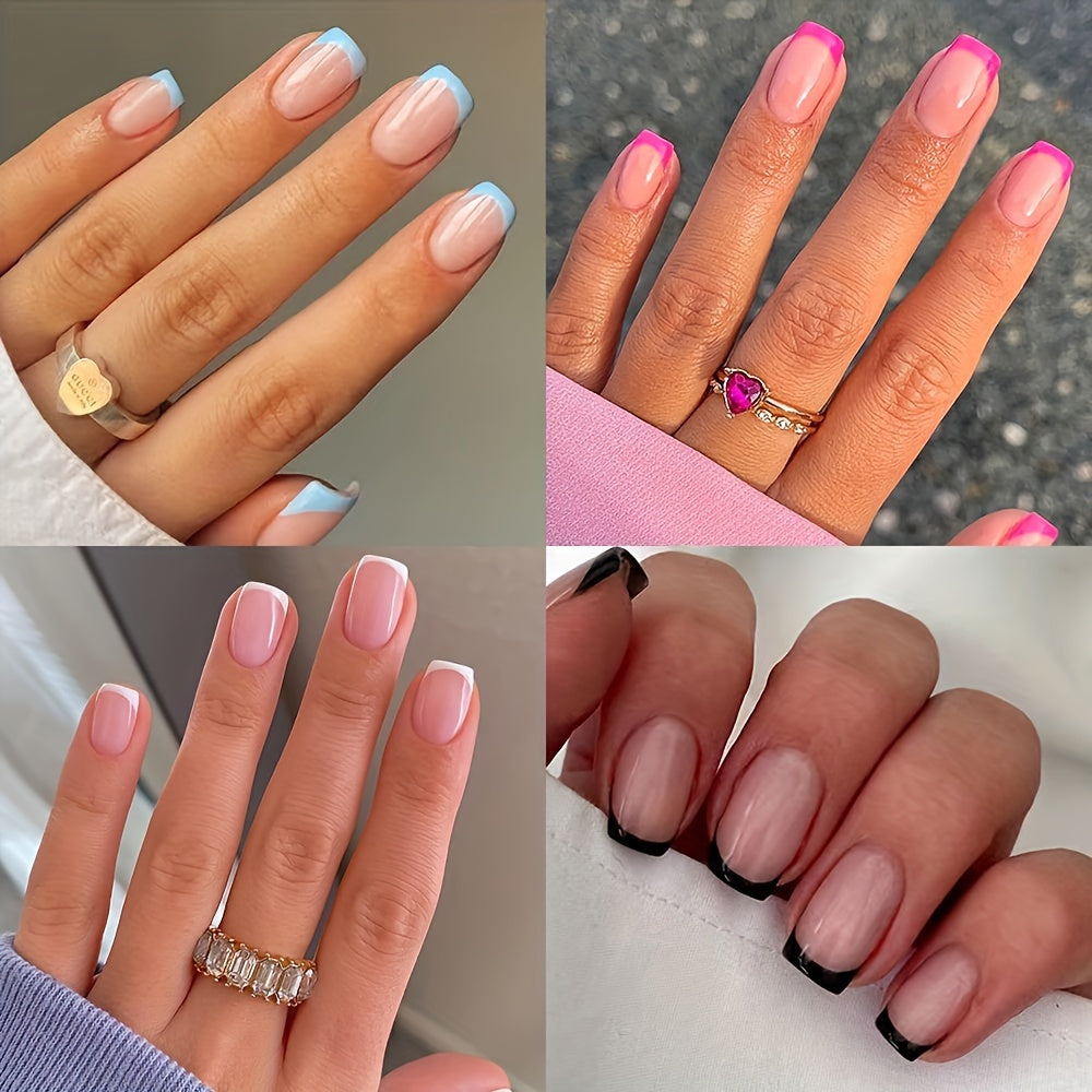 TEMU 4pcs Of 96 Glossy Short Square French Tip Press-on Nails With 2 Jelly Glues And A Nail File, Minimalist Style Full Set For S Fake Nails