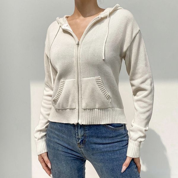 Suéteres femininos femininos com capuz zip completo suéters casuais de cor sólida Slve Slve Sweetshirts Cardigan Zipup Y2K Clothing H241214