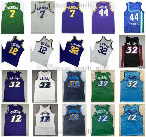 12 Stockton Jerseys Basketball Karl 32 Malone 44 Pistol Pete 7 Maravich Retro Purple White Green Blue Sports Shirts Vintage Men&#039;s Size