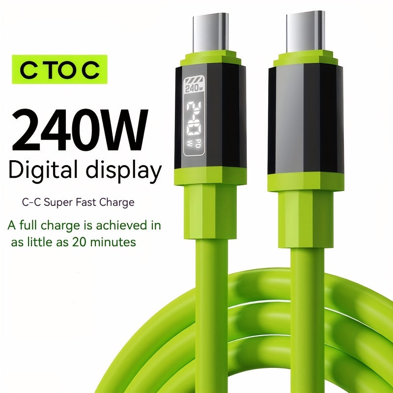 TEMU 240w Super Fast Charging Green Type-c Data Cable - 1.5m With Led Display, Cc Plug, Material, Compatible With Laptops & All Smartphones