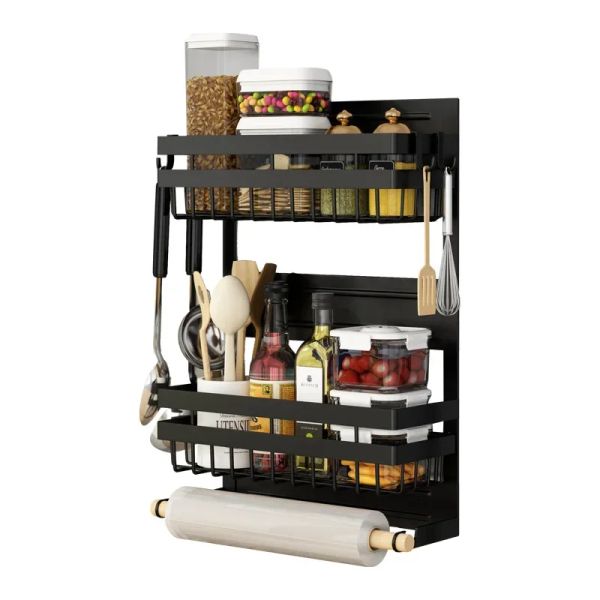 HT Organizer Spice Magnetic Refrigerator Holder,black-green Rack,foldable Storage With Kitchen Wooden Shelf Side