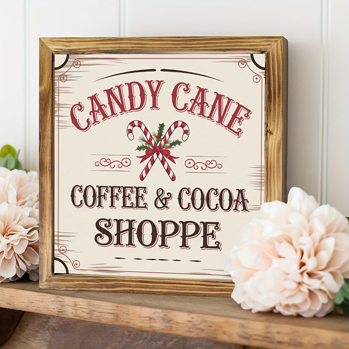 TEMU 1pc Candy Cane Coffee & Wooden Sign - Classic Art 8x8 Inch Rustic Wood Framed Plaque, Multipurpose Wall Hanging Or Tabletop Decor For Home,