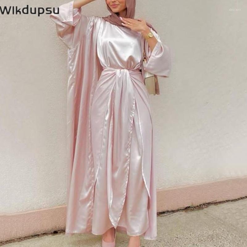Ethnic Clothing 3 Pieces Muslim Kaftan Abaya Set For Women Satin Open Long Dress Wrap Skirt Match Suit Dubai Turkey Modest Outfit Ramadan