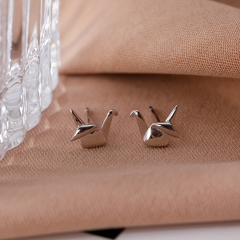 TEMU Minimalist Paper Crane Stud Earrings For Women - Japanese & Korean Style, Hypoallergenic Copper, Casual Attire Or Gifting