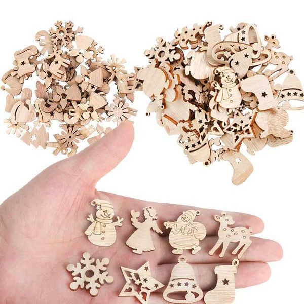 50Pcs Christmas Natural Wooden Chip Santa Claus Snowflake DIY Crafts Xmas Tree Hanging Ornament Pendant Navidad Home Decorations Y240730
