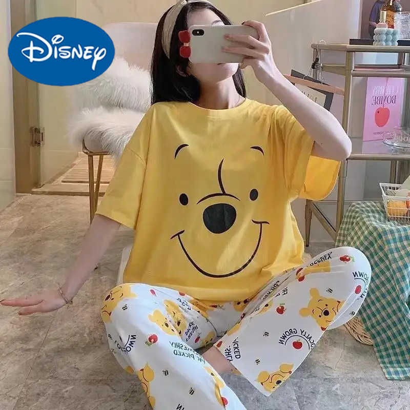 Disney Summer Pooh Bear Sleepwear Womens Loose Comfortable Cartoon Print Home Clothes Set Short Sleeve Nightshirt Mickey Pajama Set H250926