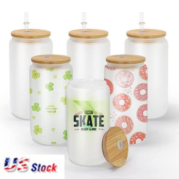DHL 12oz 16 oz Sublimation Glass Beer Mugs with Bamboo Lid Straw Tumblers DIY Blanks Frosted Clear Can Cups Heat Transfer Cocktail Iced Coff