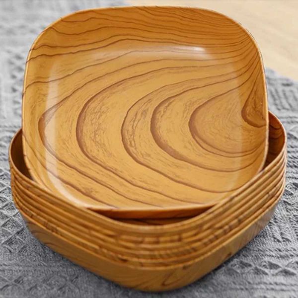 5Pcs Plastic Snack Plate Imitation Wood Cake Trays Sushi Breakfast Dried Fruit Dish Bone Spitting Dish Tableware Serving PlateC241213