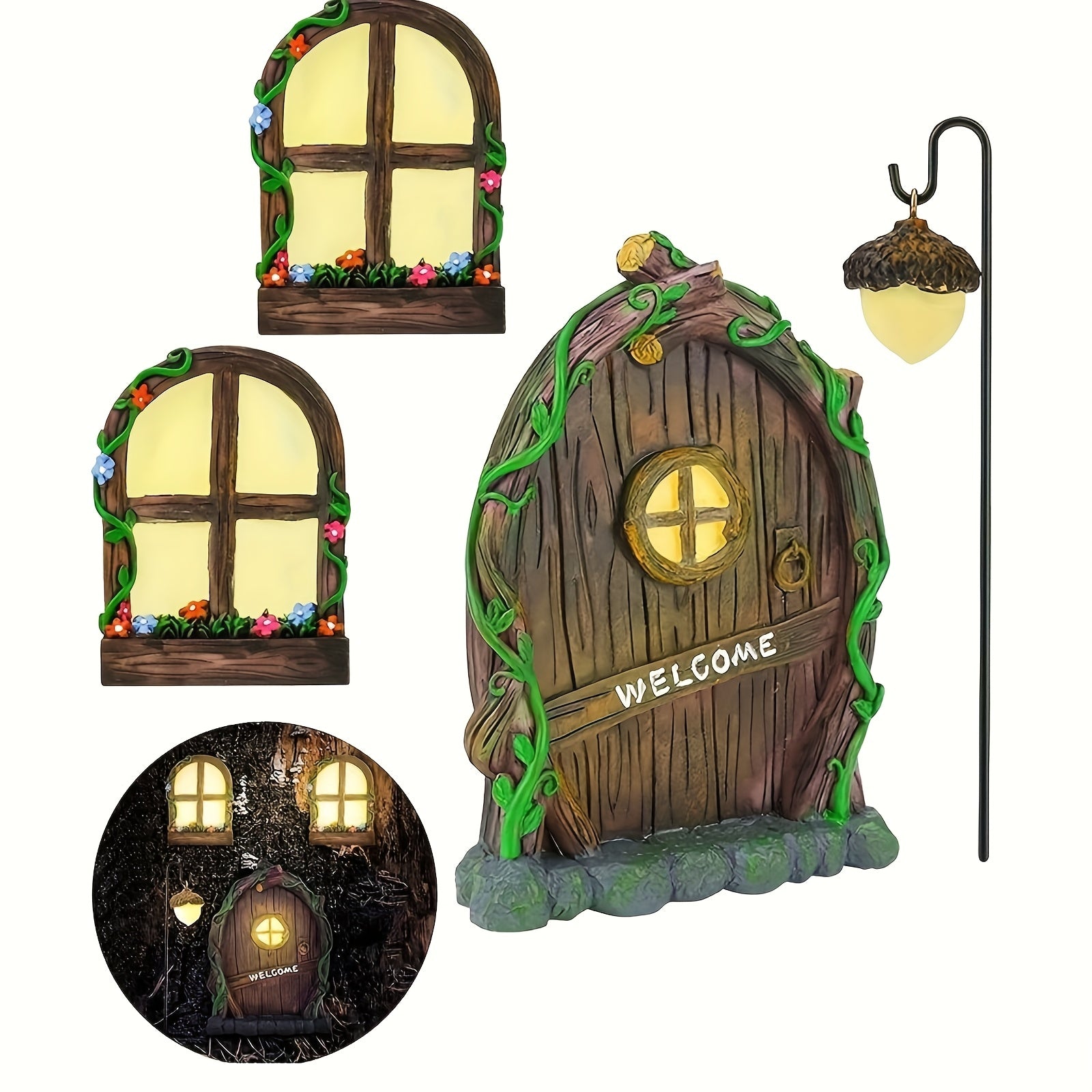 TEMU 4pcs-set Miniature Fairy Windows And Welcome Door With Luminous Lantern, Glow In Sculpture For Trees Outdoor Garden Yard Wall Decorations