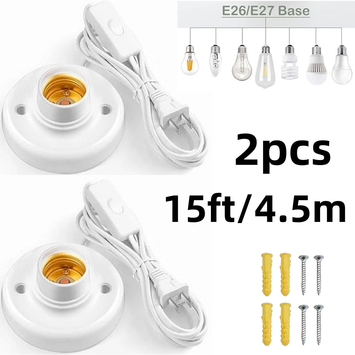 TEMU 2pcs, 15ft-4.5m. E26-e27 Lamp Base Socket With 15ft Cord – Desktop & Hanging Use, Built-in Screw-on Switch, Light Socket，light Bulb Socket，plug