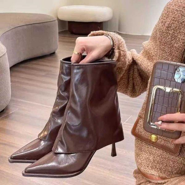 Womens black beige brown ultra-fine fiber leather womens short boots with angular toes slim high heels winter womens boots Y241105