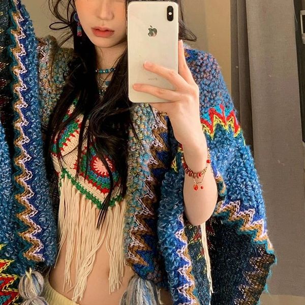 Ethnic style shawl Xizang tourism Lijiang thickened knitting tassel slit scarf 2023 new