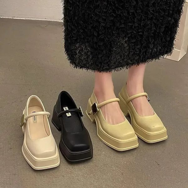 Womens Elegant Summer French Mary Jane Thick Heel Metal Buckle British Style Flat Shoes For Commuting 0705