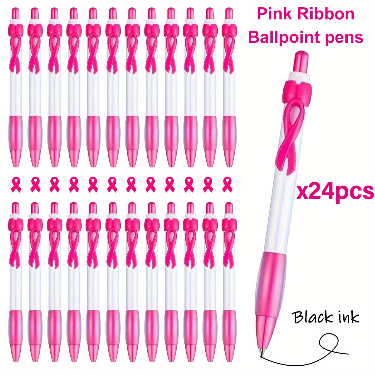 TEMU 24-pack Ballpoint Pens For Breast Awareness & Prevention - Black Ink, Inspirational Gift For Supporters, Events, And