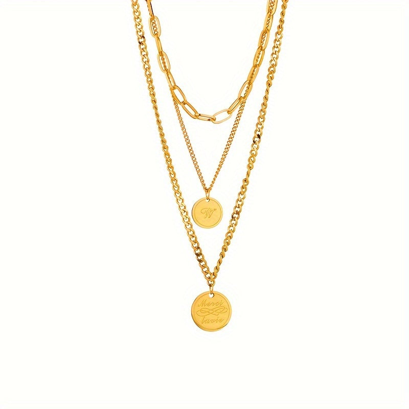 TEMU Three-layer 18k Gold Plated Stainless Steel Necklace With Engraved Letter Pendants, Minimalist And Classic Style, Elegant French-inspired