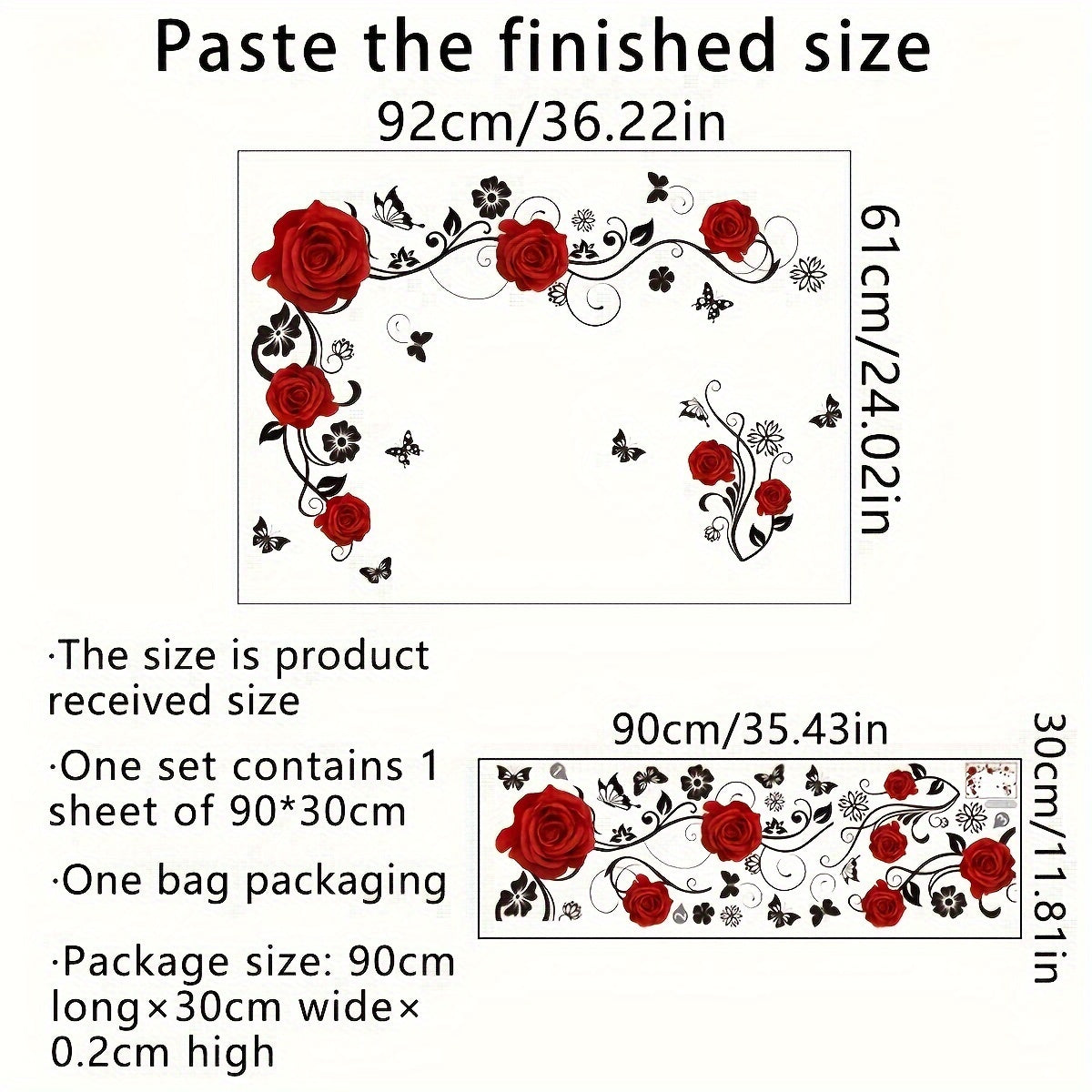 TEMU Elegant Red Rose And Wall Decal, 30x90cm - Vine-inspired Bathroom Sticker, Home Decor, Bathtub, Toilet, And Sink Areas, Bathroom Decor And