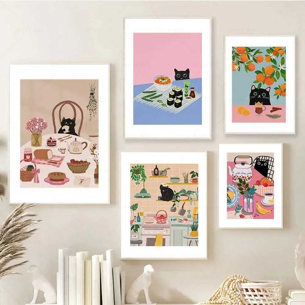 Funny Cat Kitchen Poster Cafetle Cafetle Cafetle Commest Food Cat Imprima colorida sala de jantar decoração de casa estética Arte da parede