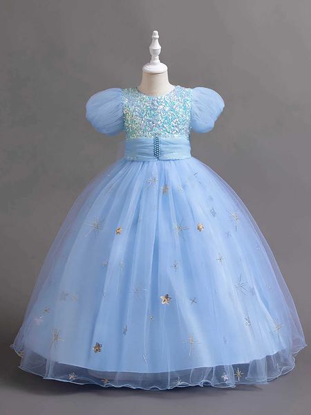 Girl&#039;s Dresses Blue fluffy childrens bubble long sleeved dress suitable for parties girls sequined princess dress Y250111PY5Y
