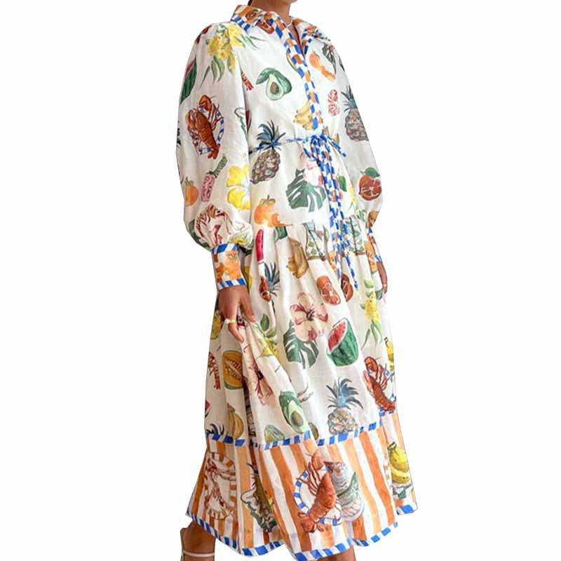 H721European and American women&#039;s clothing lantern sleeves printed lapel waist long sleeves large swing spring dress female