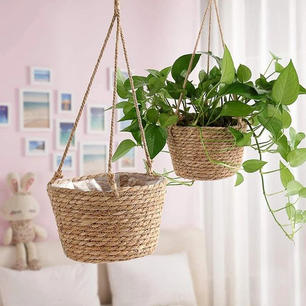 Hanging Planter Straw Rope Woven Wall Plant Storage Basket Flower Pot Hanger For Decoration Countyard Garden 250102