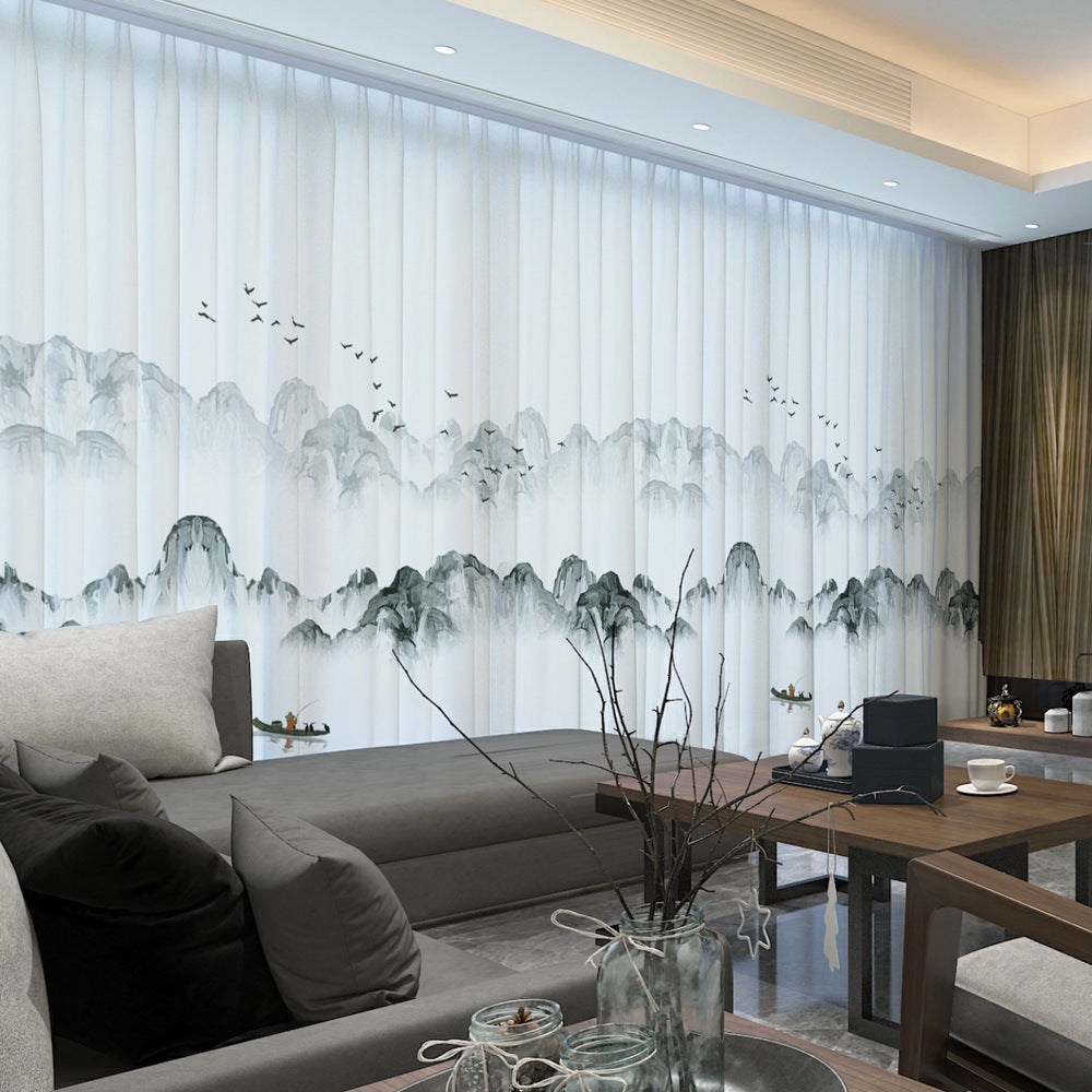 YL-36596 New Chinese style gauze curtain ink landscape painting curtain Chinese style 2025 new living room partition curtain light-transmitting but