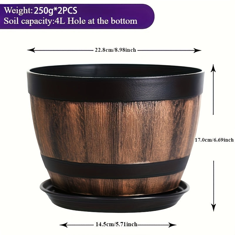 TEMU Vintage Whiskey Barrel Planter - Resin Striped Pattern, 2pcs Oval Plastic Pot With Drainage Hole & Saucer, Ideal For Herbs, Flowers, Succulents,