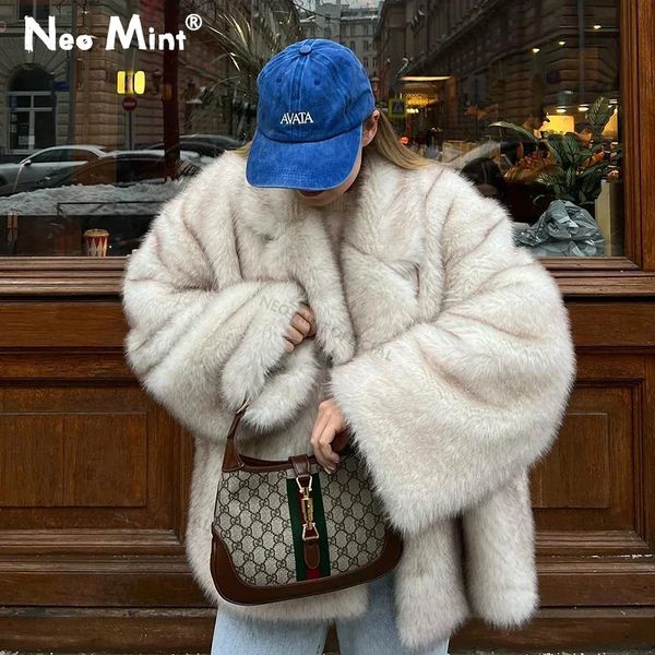 Neo Mint 2024 Winter Ins Fashion Girls Oversized Gradient Fur Coat Women Thick Warm Outerwear Fluffy Faux Fox Fur Jacket 241128